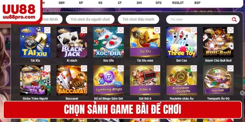 Chọn sảnh game bài để chơi